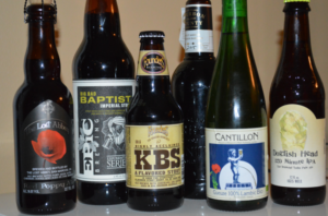 Some rare and limited beers: (left to right): Lost Abbey Red Poppy, Epic Big Bad Baptist, Founders KBS, Goose Island Bourbon County Stout, Cantillon Gueuze, Dog Fish Head 120 Minute IPA.  Photo courtesy of Peter Douma